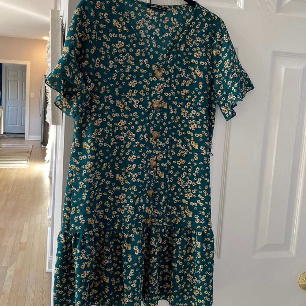 Shein dark green button down minidress